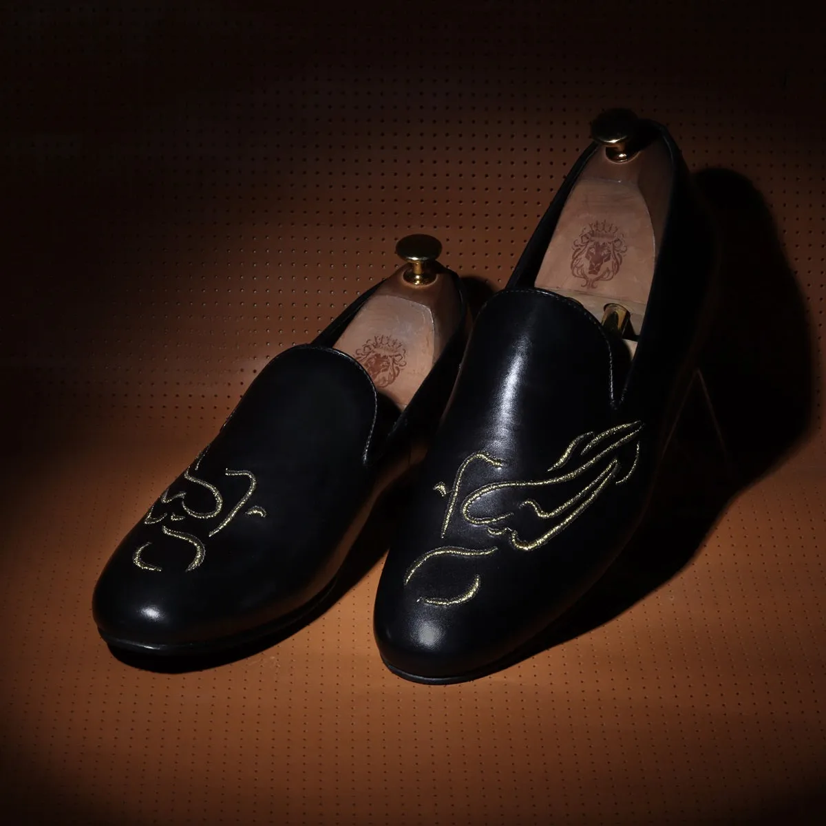 Embroidered Golden Bike Black Genuine Leather Slip-On Shoe By Brune & Bareskin