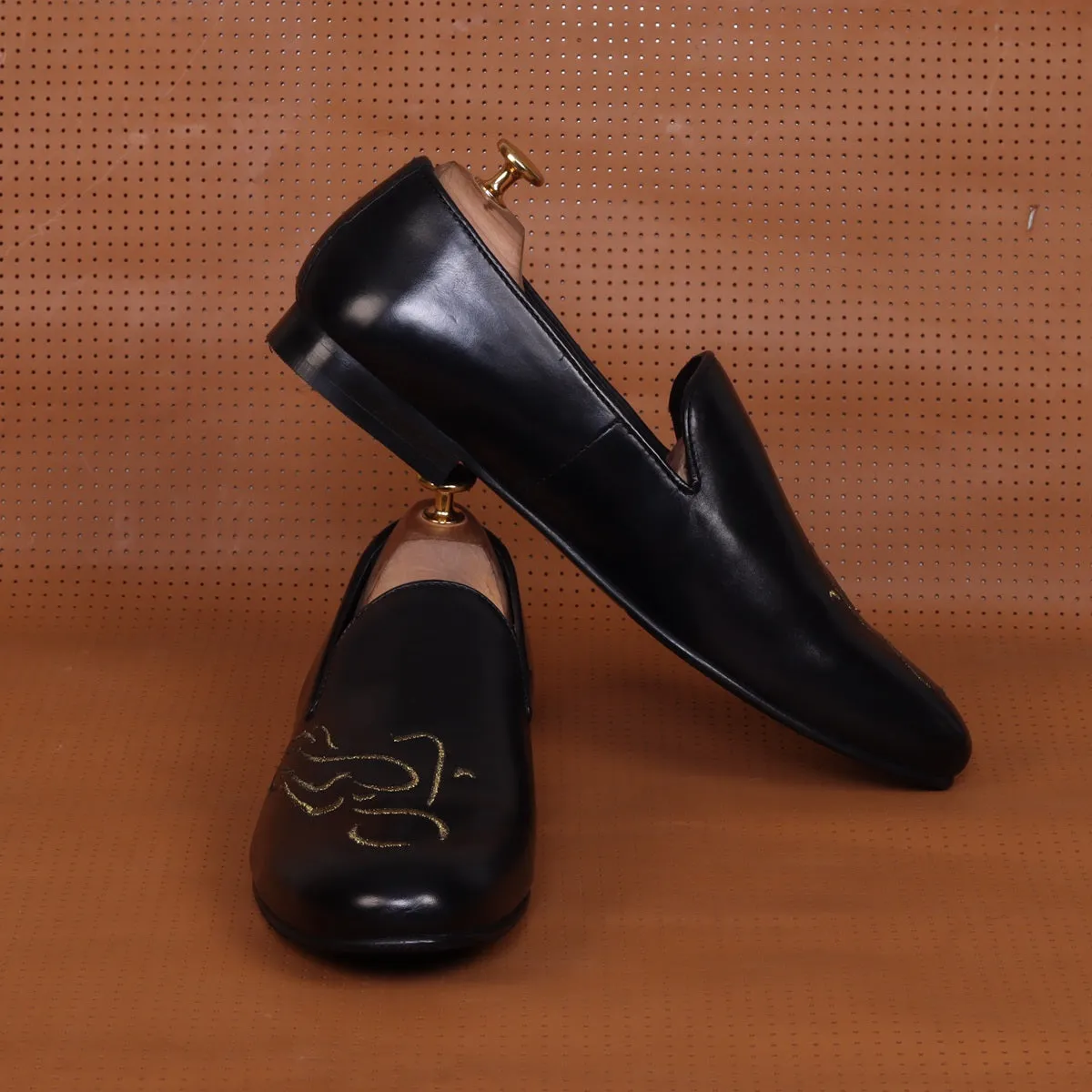 Embroidered Golden Bike Black Genuine Leather Slip-On Shoe By Brune & Bareskin
