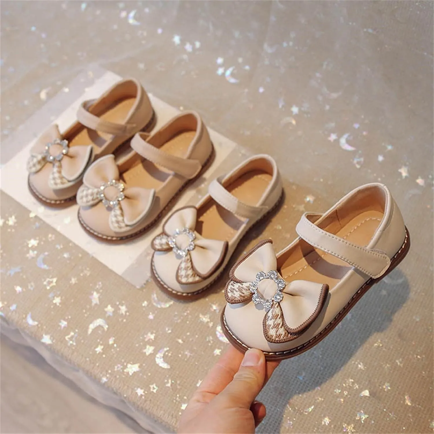 Flower Girl Dress Shoes Toddler Girl Rhinstones Bow Mary Jane Ballet Flats for Wedding Party School Shoes