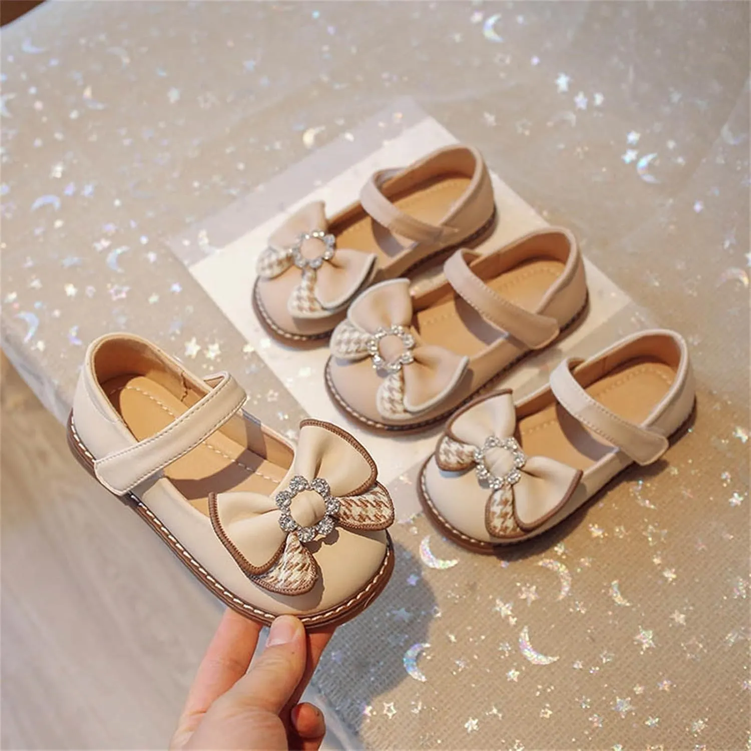 Flower Girl Dress Shoes Toddler Girl Rhinstones Bow Mary Jane Ballet Flats for Wedding Party School Shoes