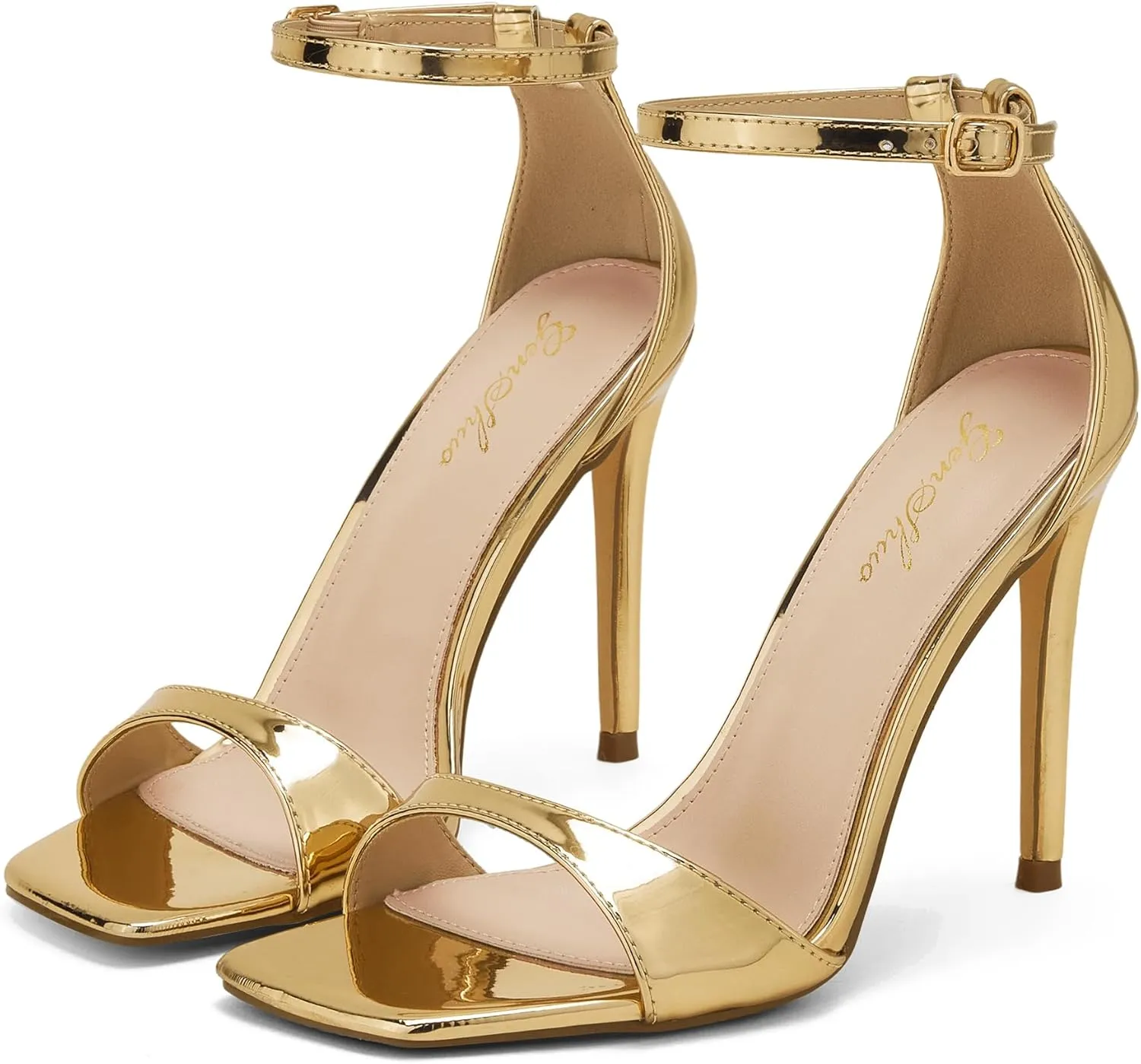 GENSHUO High Heeled Sandals for Women One Strap Heels with Square Open Toe 4 Inch Stiletto Ankle Strap Shoes Elegant Sexy Dress Wedding Party