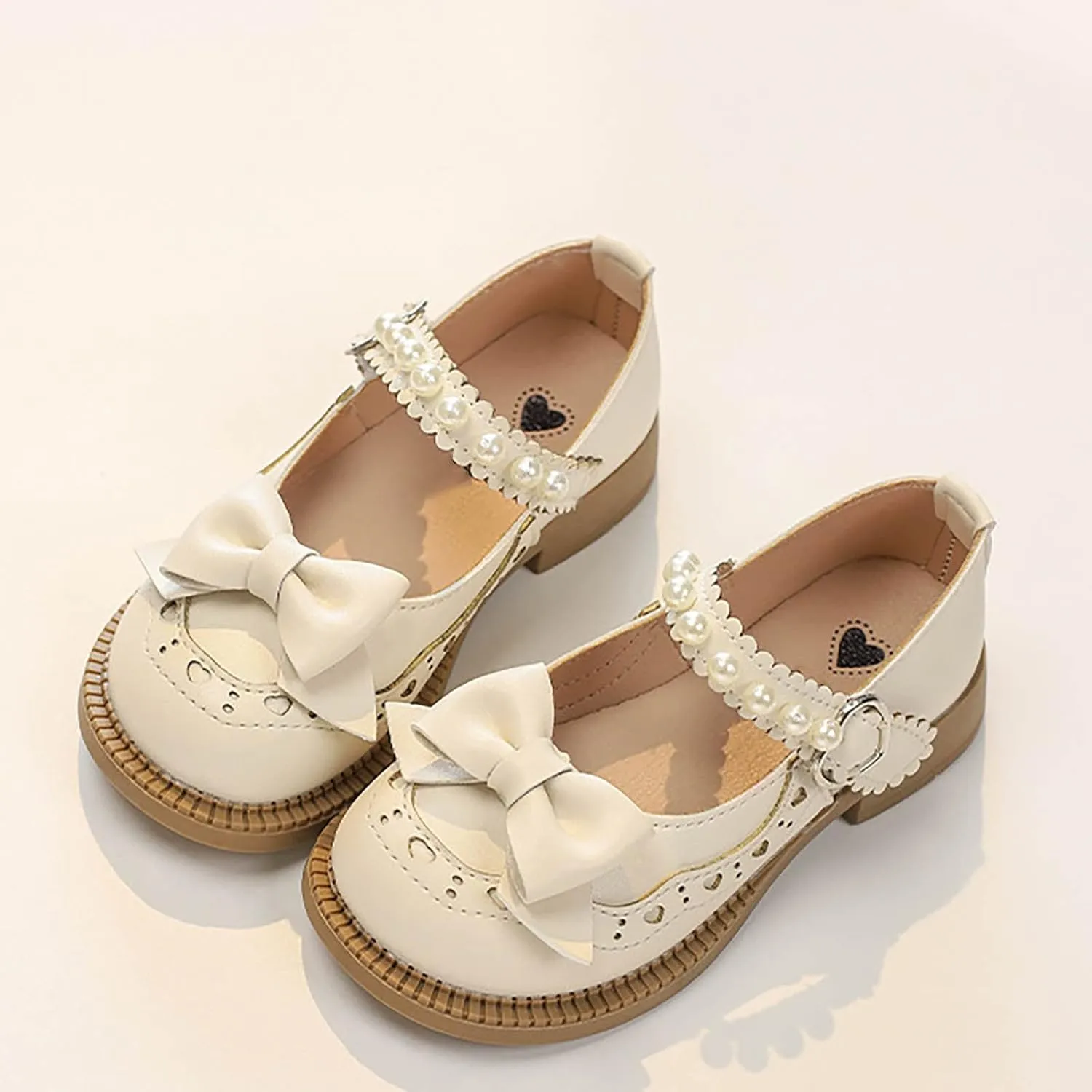 Girls Closed Toe Mary Jane School Uniform Shoes Toddler Flower Girl Dress Shoes Pearls Bow Low Heels for Party Wedding