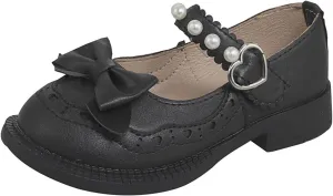 Girls Closed Toe Mary Jane School Uniform Shoes Toddler Flower Girl Dress Shoes Pearls Bow Low Heels for Party Wedding