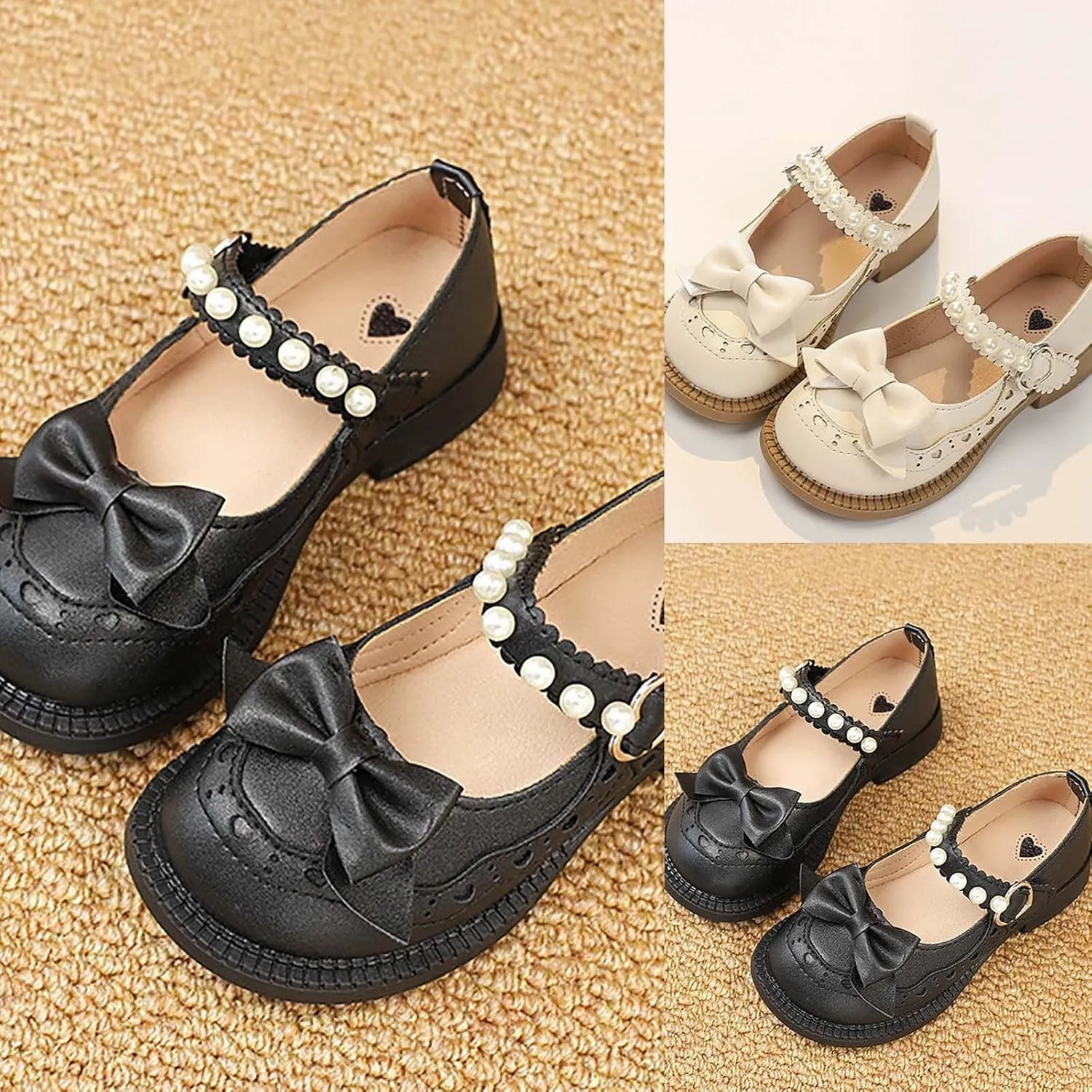 Girls Closed Toe Mary Jane School Uniform Shoes Toddler Flower Girl Dress Shoes Pearls Bow Low Heels for Party Wedding
