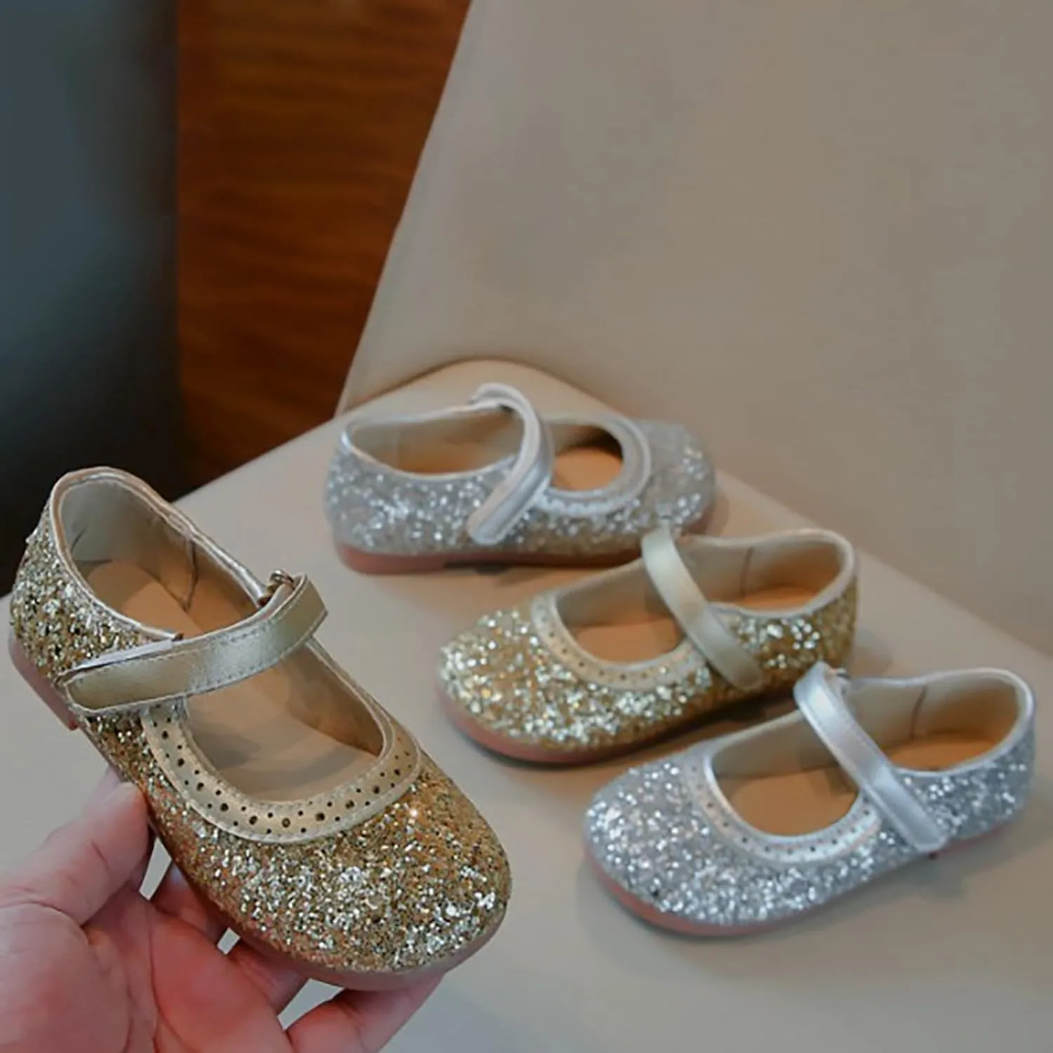 Girls Mary Jane Flats Kids Glitter Wedding Party Ballet Dress Shoes Uniform School Ankle Strap Sandals