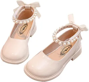 Girls Mary Jane Shoes Pearl Bow Dress Shoes Wedding Part Flat Square Toe Ankle Strap Lw Heel Sandal