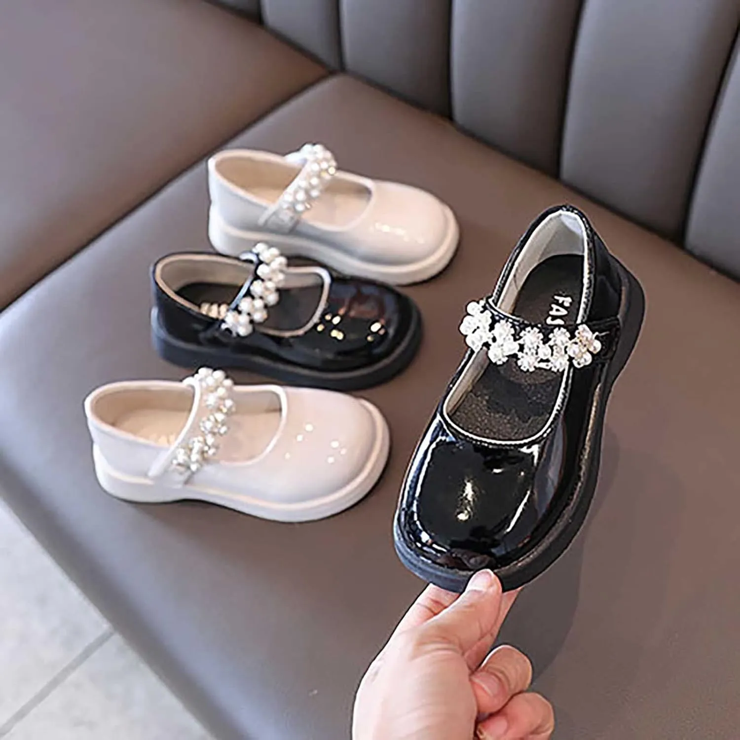Girl's Mary Jane Shoes School Uniform Wedding Party Dress Shoes Pearl Ankle Strap Round Toe Slip On Sandal