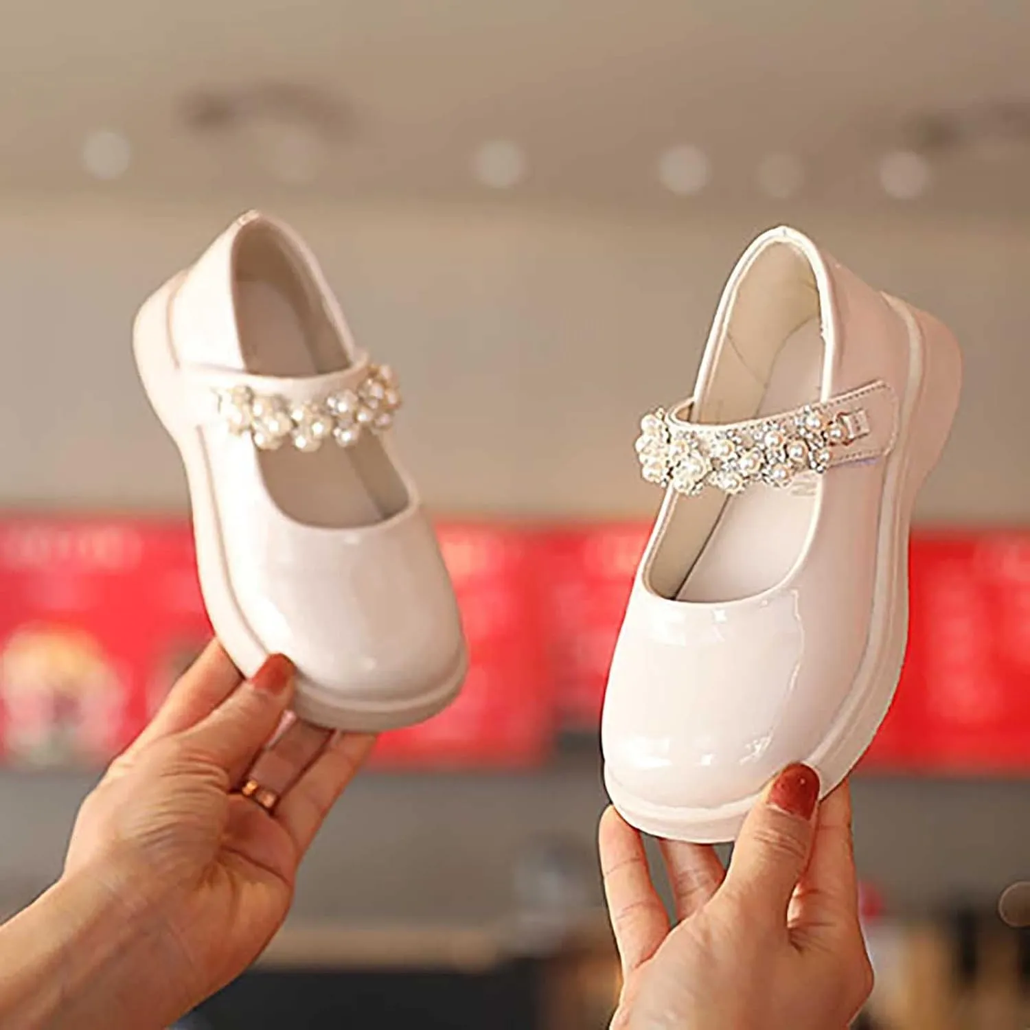 Girl's Mary Jane Shoes School Uniform Wedding Party Dress Shoes Pearl Ankle Strap Round Toe Slip On Sandal