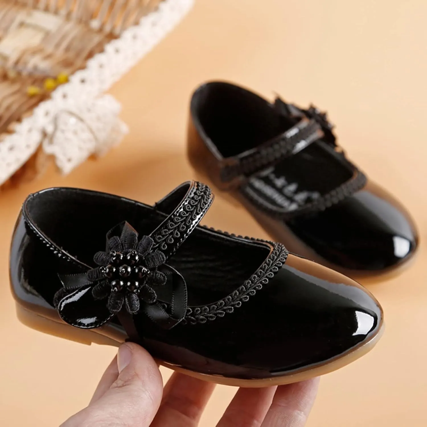 Girls Mary Jane with Pearls Toddler Girls Dress Shoes Low Heels Pumps for Flower Girl Wedding Party