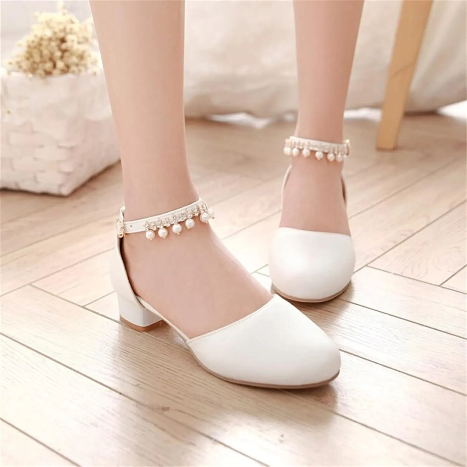 Girl's Pumps Mary Jane Dress Shoes Low Heel Dress Pearls Flower Girl Wedding Party Shoes Toddler Sandals