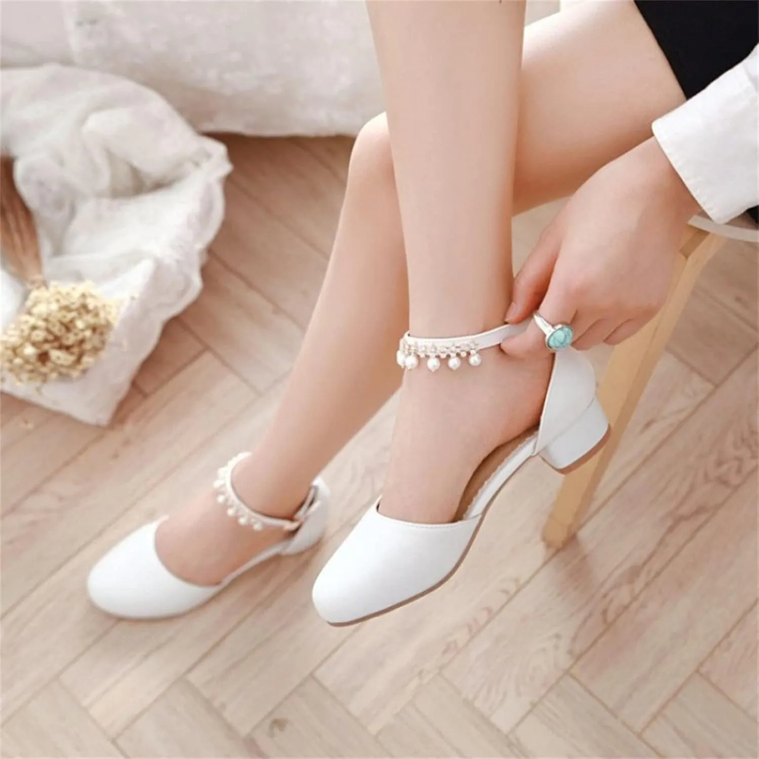 Girl's Pumps Mary Jane Dress Shoes Low Heel Dress Pearls Flower Girl Wedding Party Shoes Toddler Sandals
