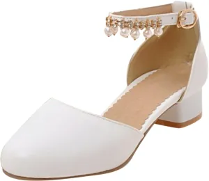 Girl's Pumps Mary Jane Dress Shoes Low Heel Dress Pearls Flower Girl Wedding Party Shoes Toddler Sandals