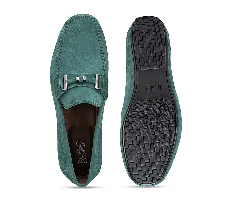 Green Suede Moccasins With Metal Buckle