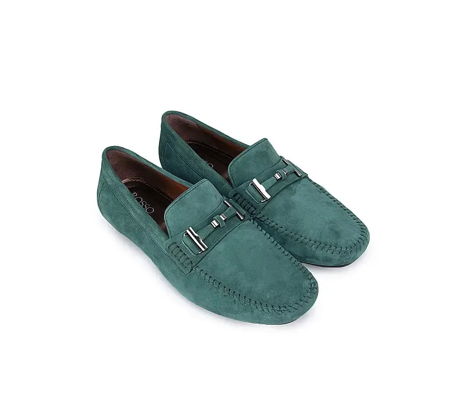 Green Suede Moccasins With Metal Buckle