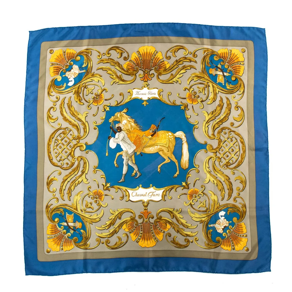Hermes Blue Silk Cheval Turc Scarf 90