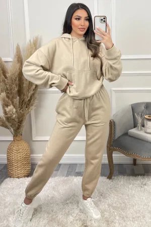 Lasey Beige Pocket Detail Hoodie and Joggers Tracksuit Set