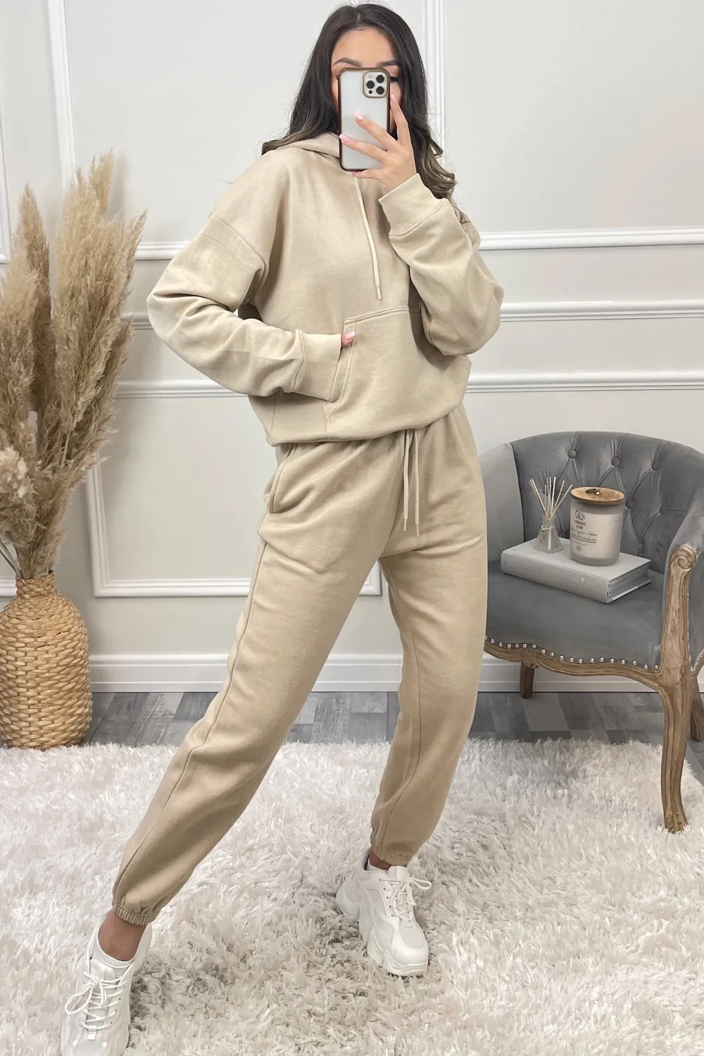 Lasey Beige Pocket Detail Hoodie and Joggers Tracksuit Set