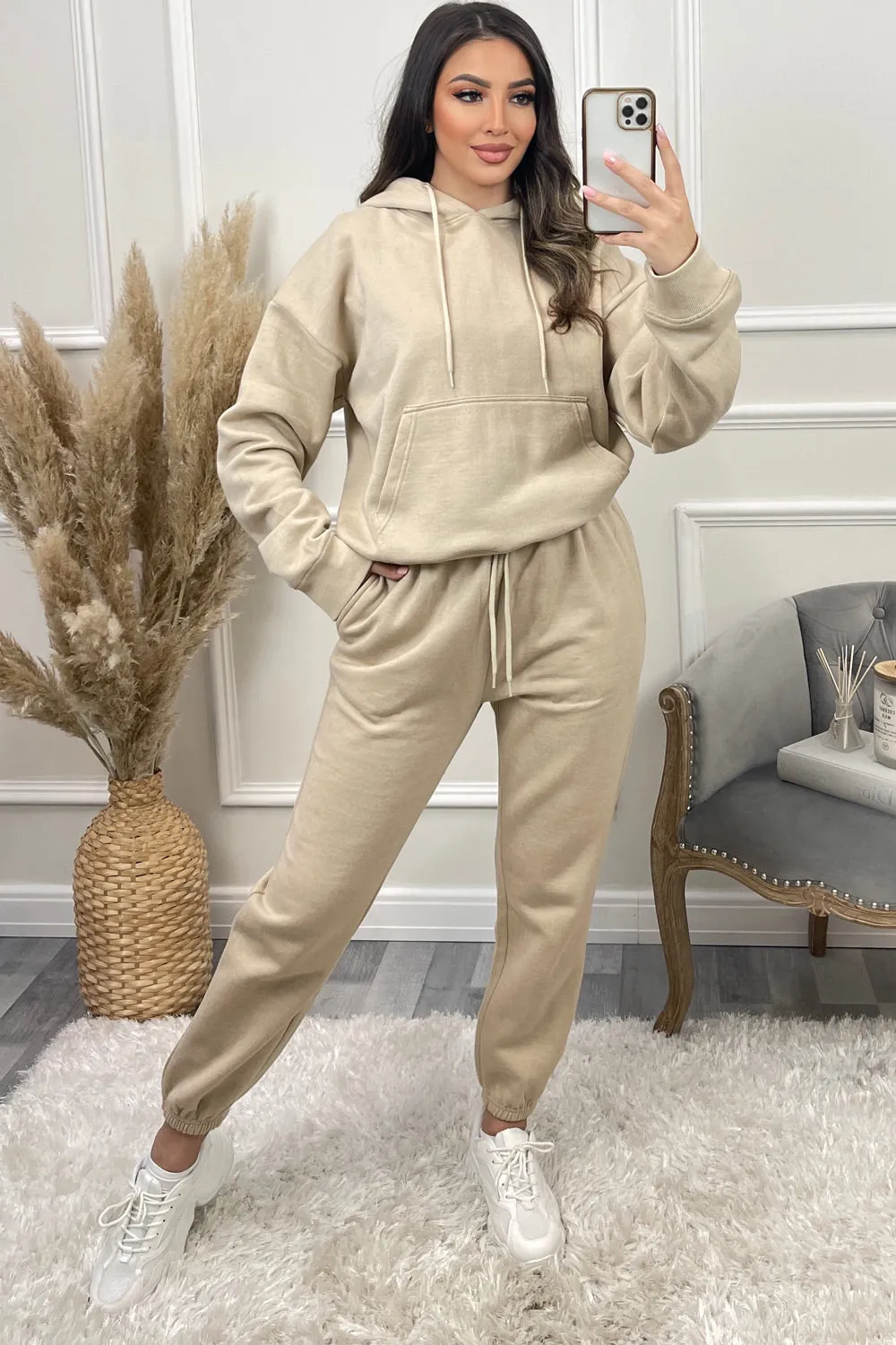 Lasey Beige Pocket Detail Hoodie and Joggers Tracksuit Set