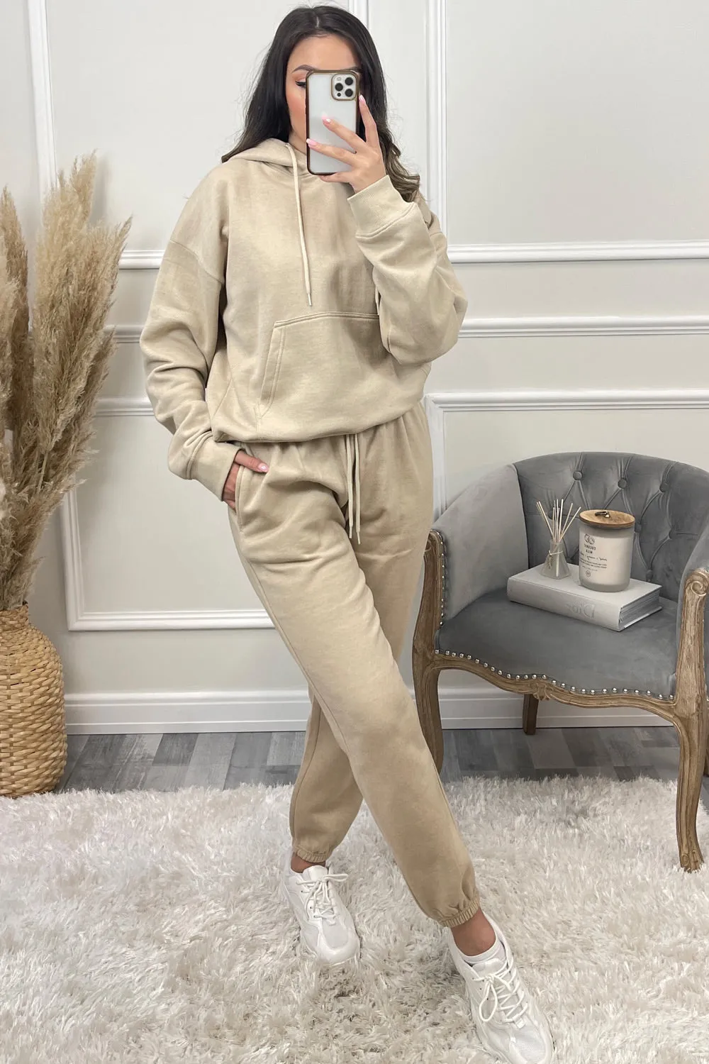 Lasey Beige Pocket Detail Hoodie and Joggers Tracksuit Set