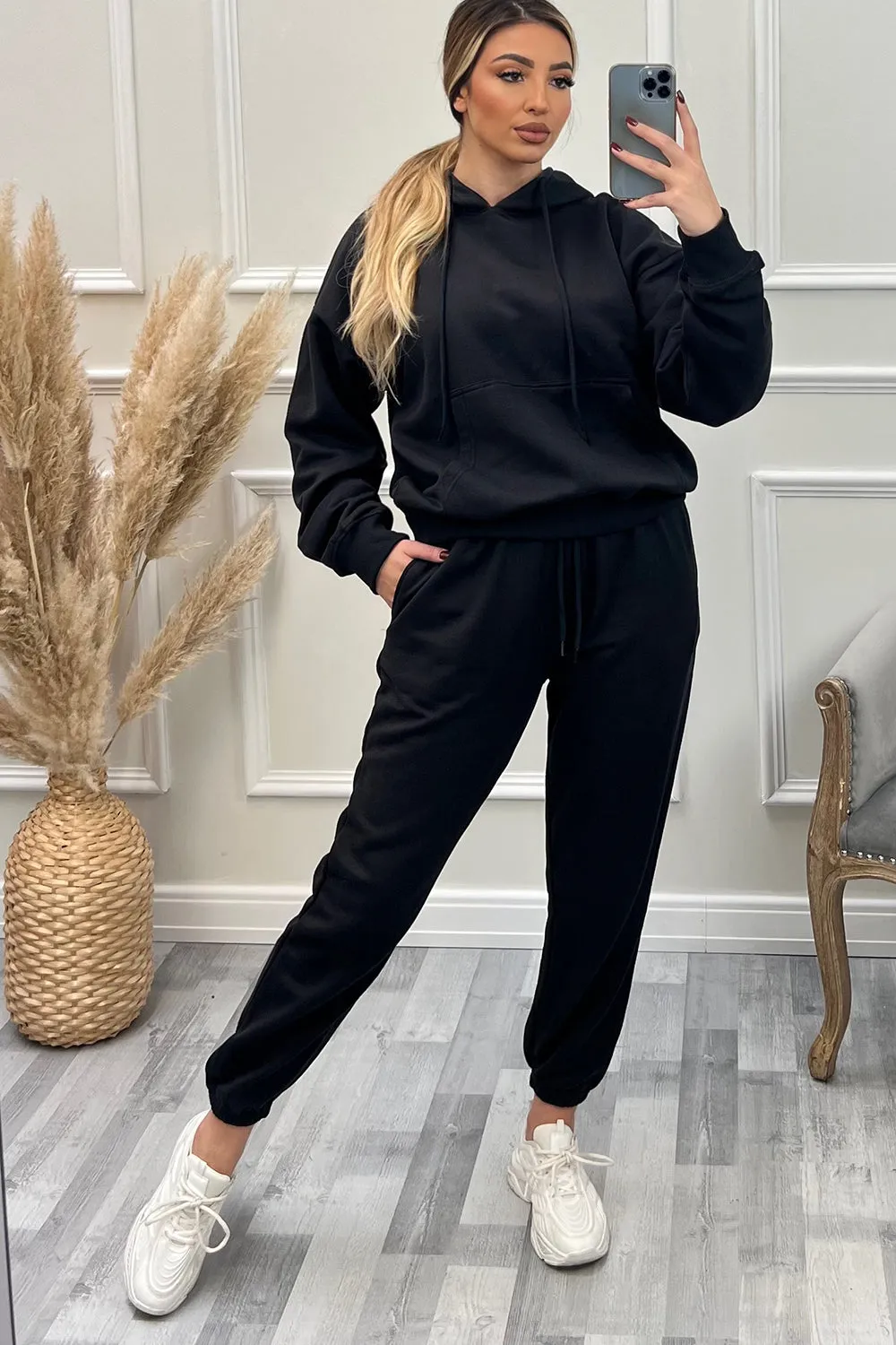 Lasey Black Pocket Detail Hoodie and Joggers Tracksuit Set
