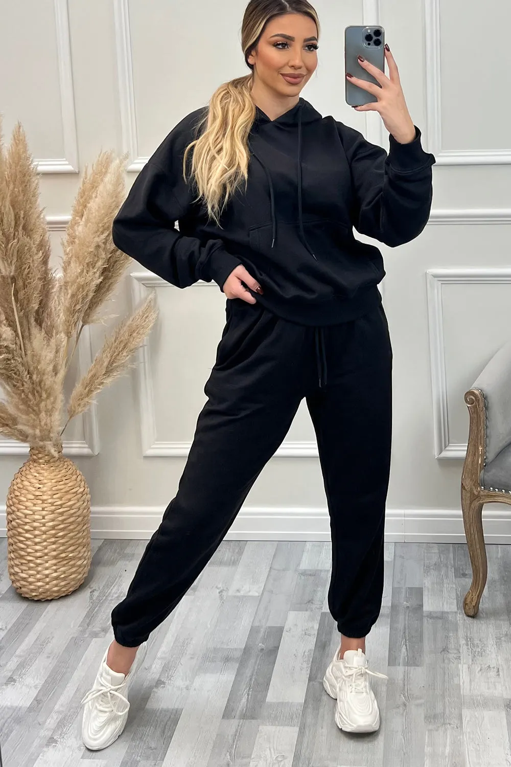 Lasey Black Pocket Detail Hoodie and Joggers Tracksuit Set