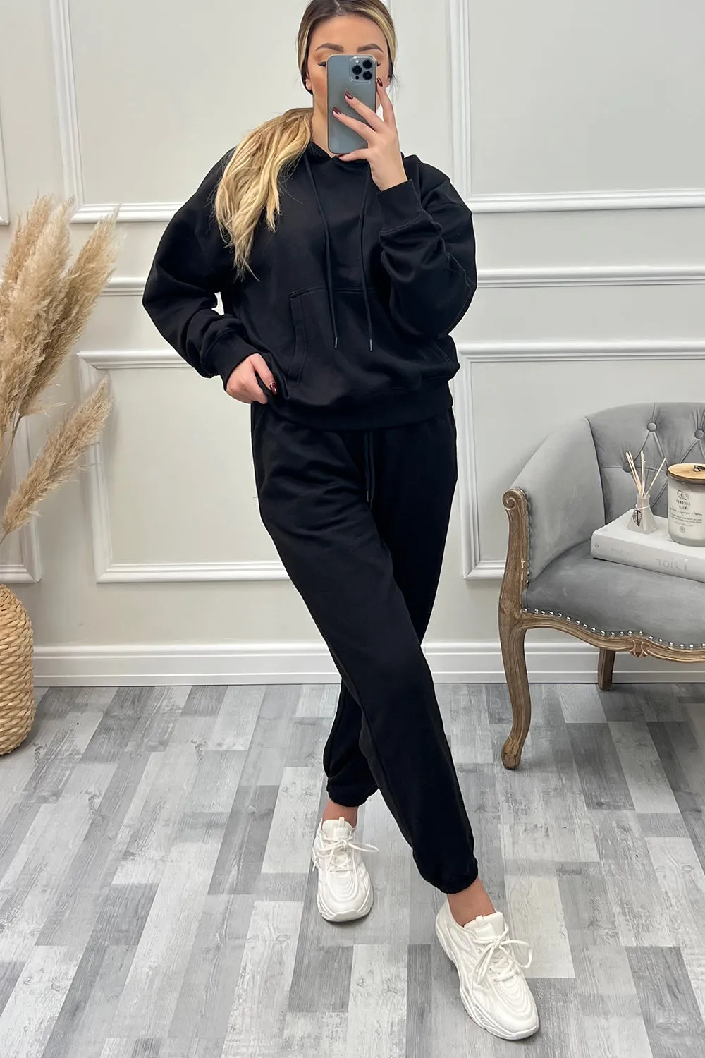 Lasey Black Pocket Detail Hoodie and Joggers Tracksuit Set