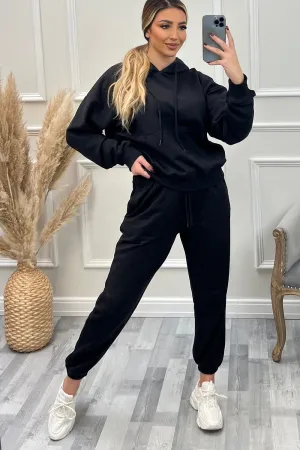 Lasey Black Pocket Detail Hoodie and Joggers Tracksuit Set