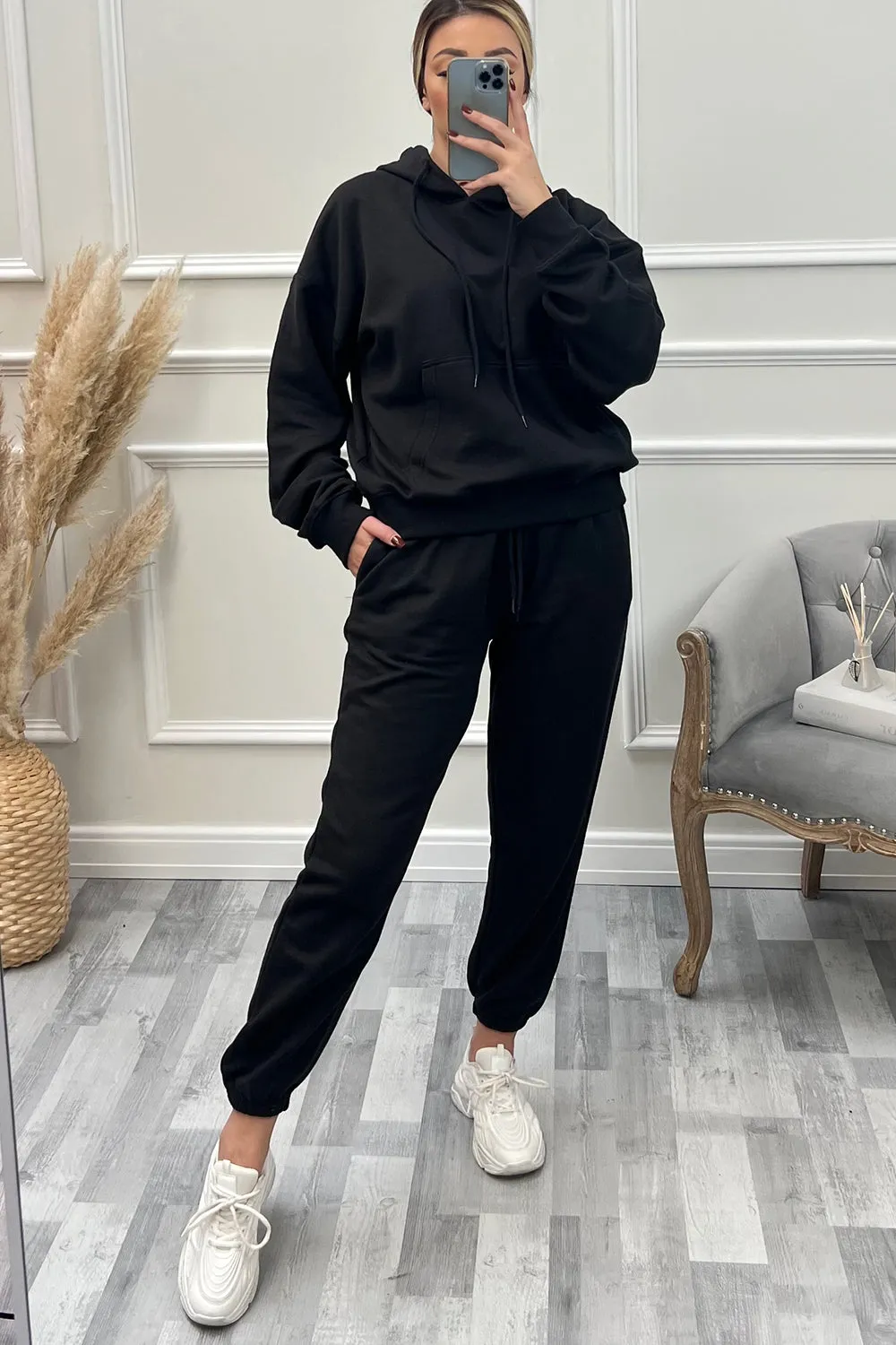 Lasey Black Pocket Detail Hoodie and Joggers Tracksuit Set