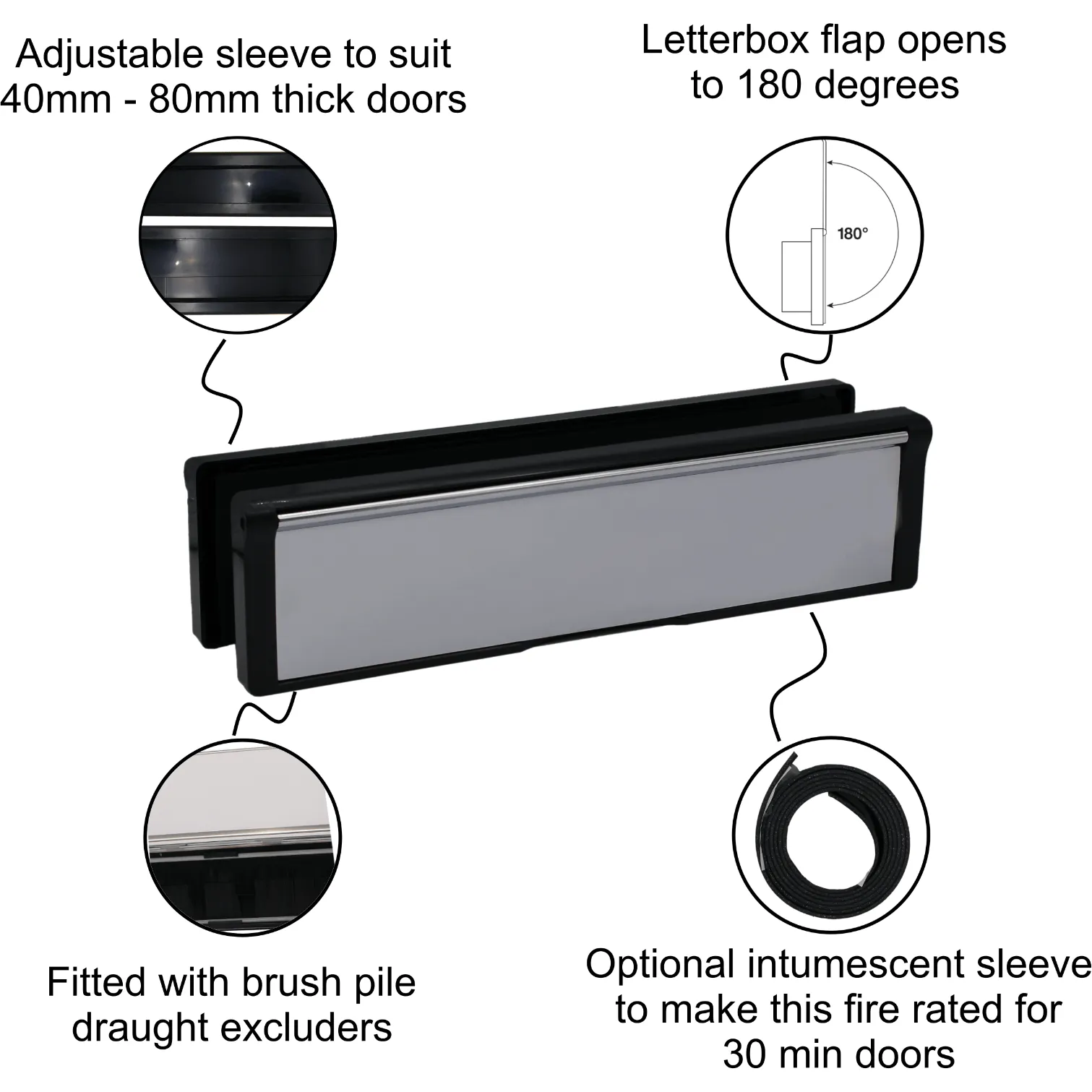 Letterplate Draught Proof - 250mm - Black  Frame Polished Silver  Flap