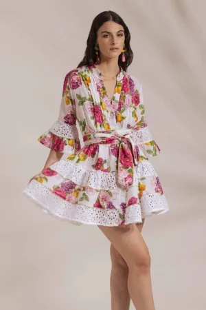 Melissa Printed Lace Trim Ruffle Mini Dress