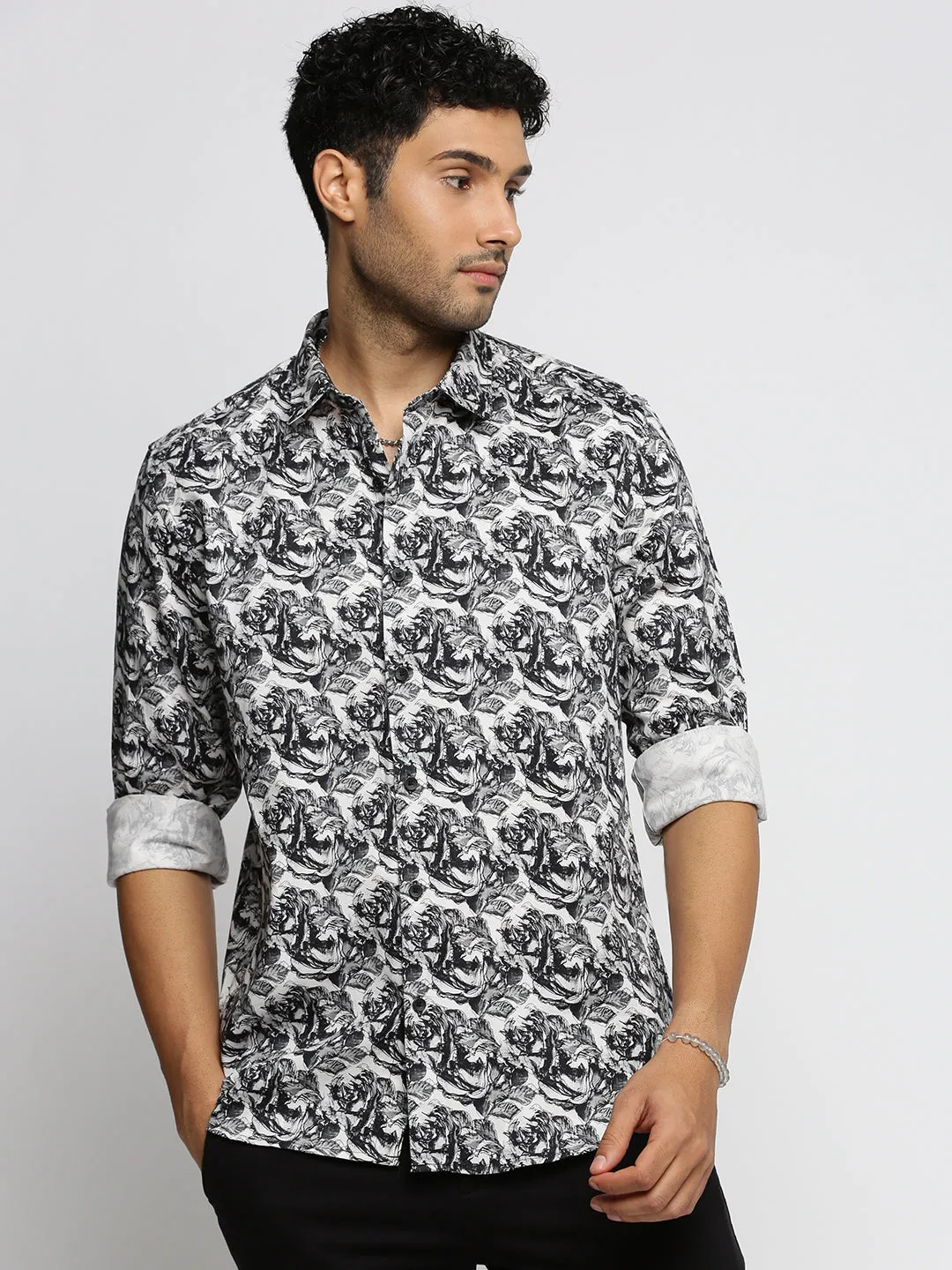 Men Black Smart Slim Fit Printed Casual Shirt