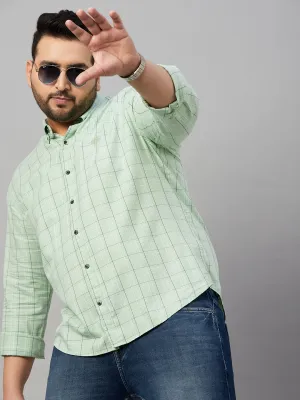Men Checked Sea Green Cotton Shirt