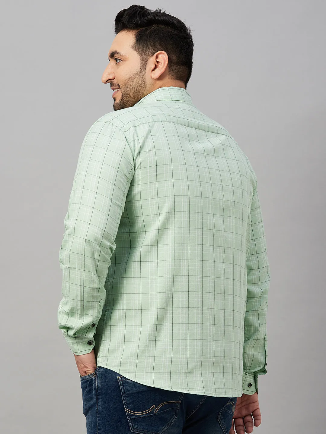 Men Checked Sea Green Cotton Shirt