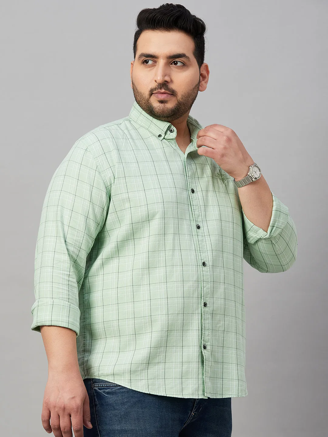 Men Checked Sea Green Cotton Shirt