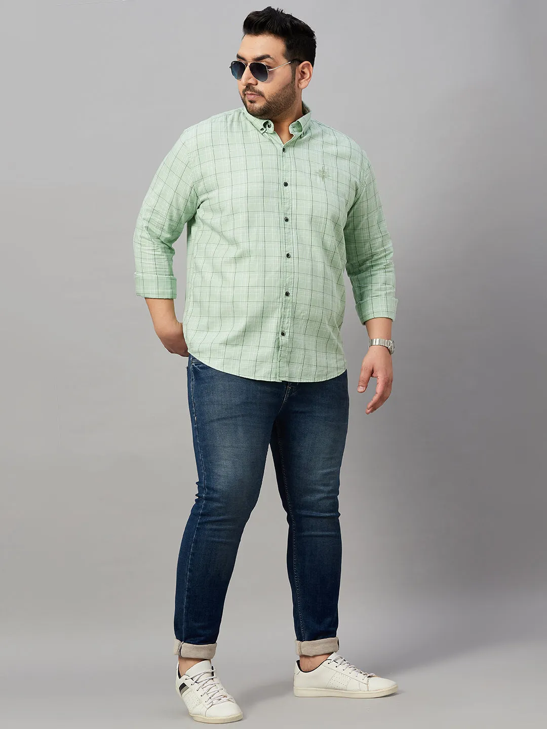 Men Checked Sea Green Cotton Shirt