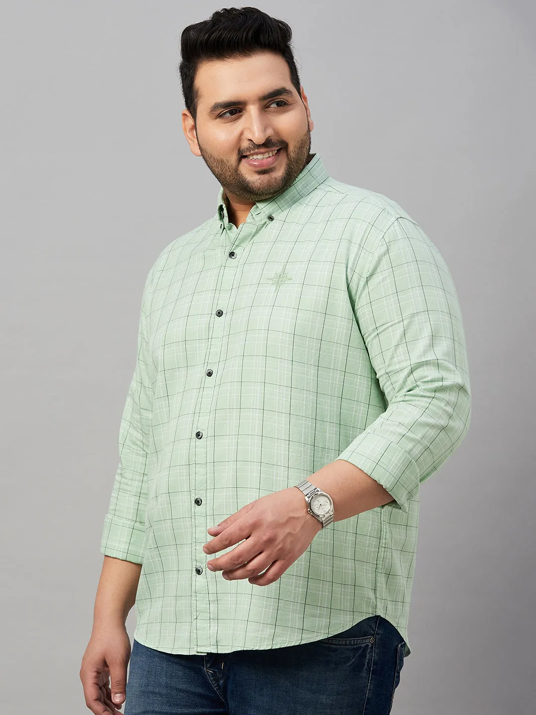 Men Checked Sea Green Cotton Shirt