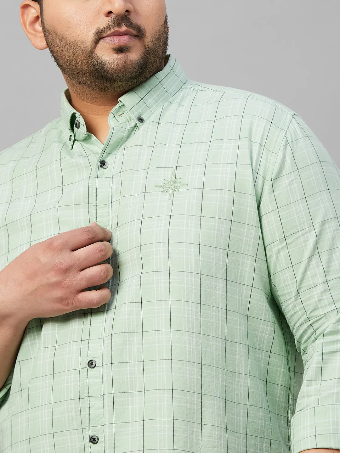Men Checked Sea Green Cotton Shirt
