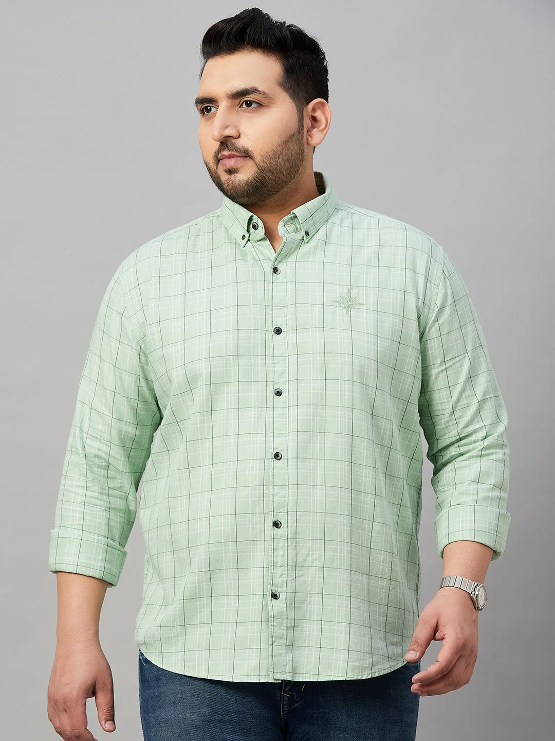 Men Checked Sea Green Cotton Shirt
