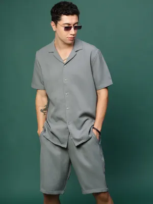 Men Grey Self-Design Cuban Collar Solid Co Ords Set