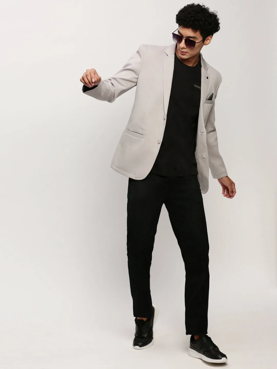Men Grey Slim-Fit Single Breasted Cotton Blazers