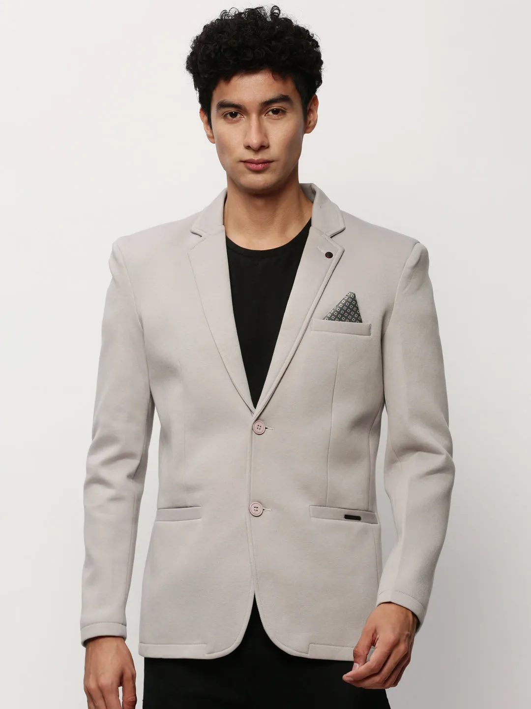Men Grey Slim-Fit Single Breasted Cotton Blazers