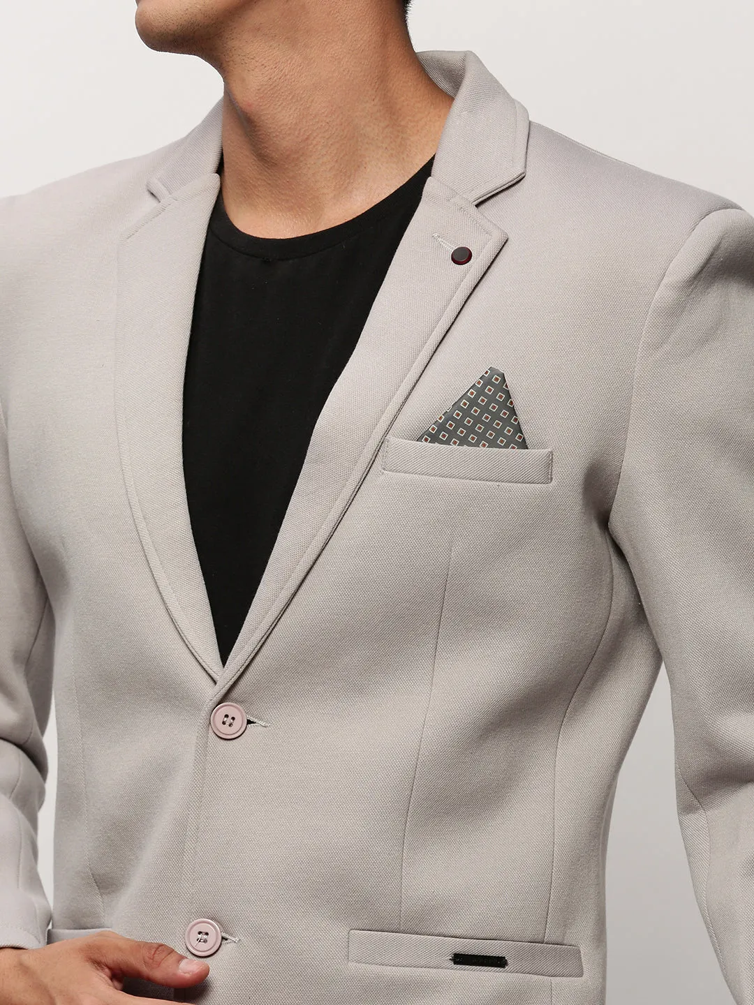 Men Grey Slim-Fit Single Breasted Cotton Blazers