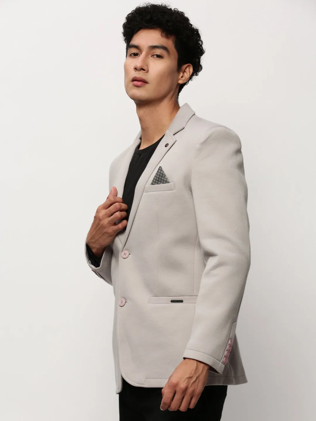 Men Grey Slim-Fit Single Breasted Cotton Blazers