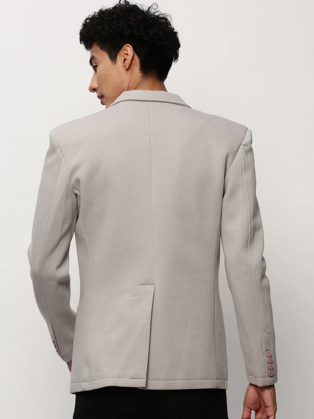 Men Grey Slim-Fit Single Breasted Cotton Blazers