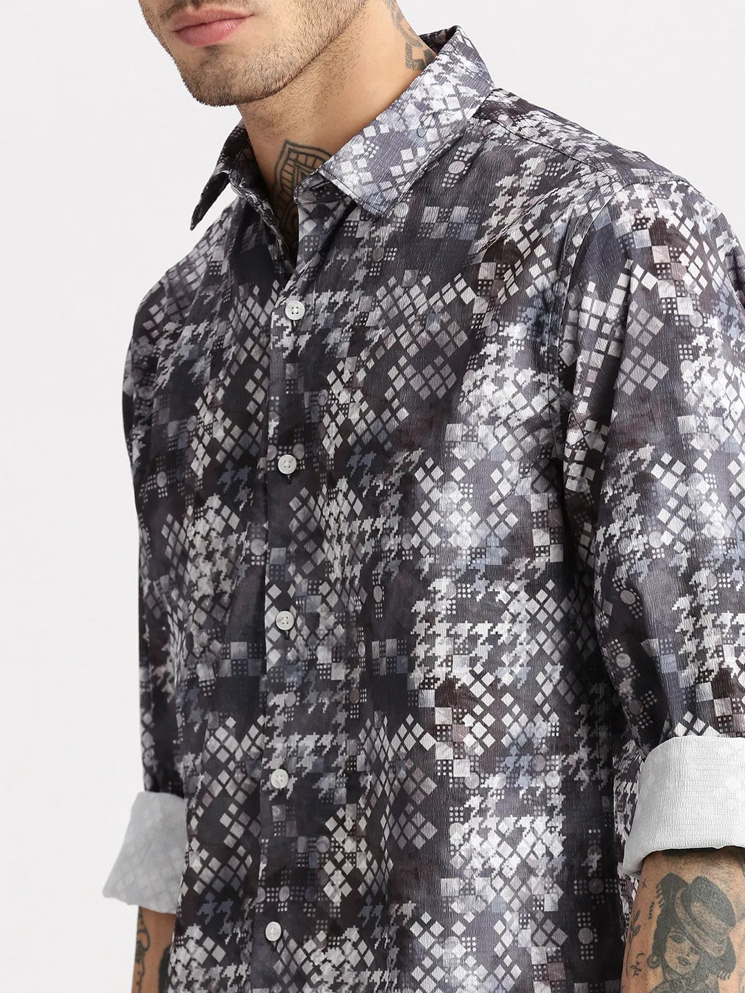 Men Grey Standard Slim Fit Abstract Printed Spread Collar Cotton Casual Shirt