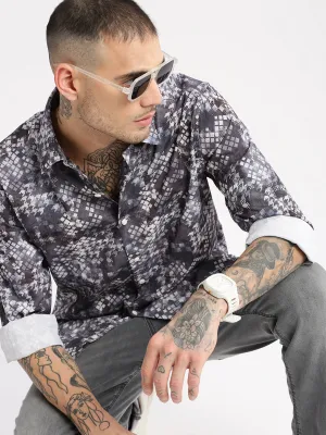 Men Grey Standard Slim Fit Abstract Printed Spread Collar Cotton Casual Shirt