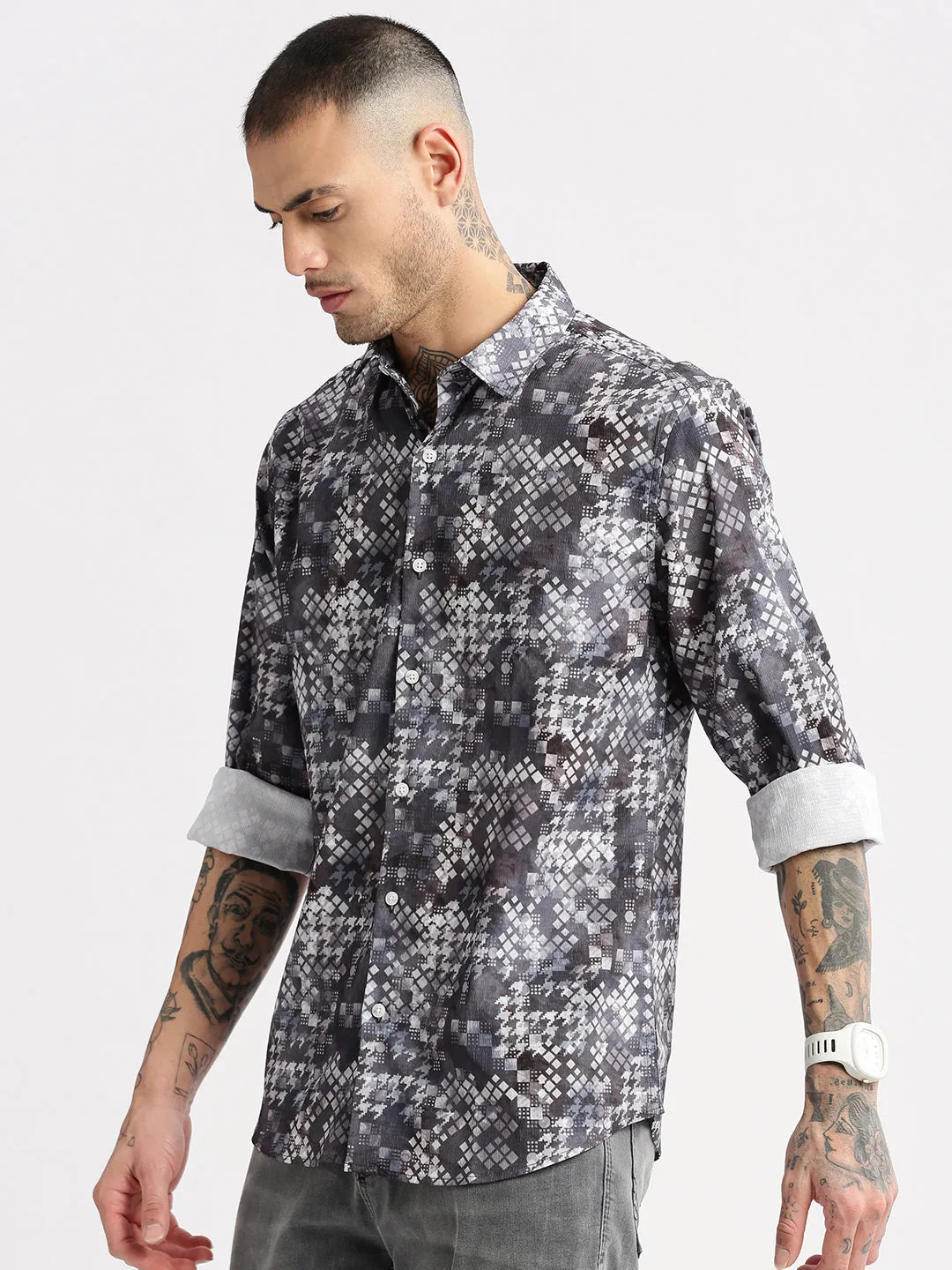 Men Grey Standard Slim Fit Abstract Printed Spread Collar Cotton Casual Shirt