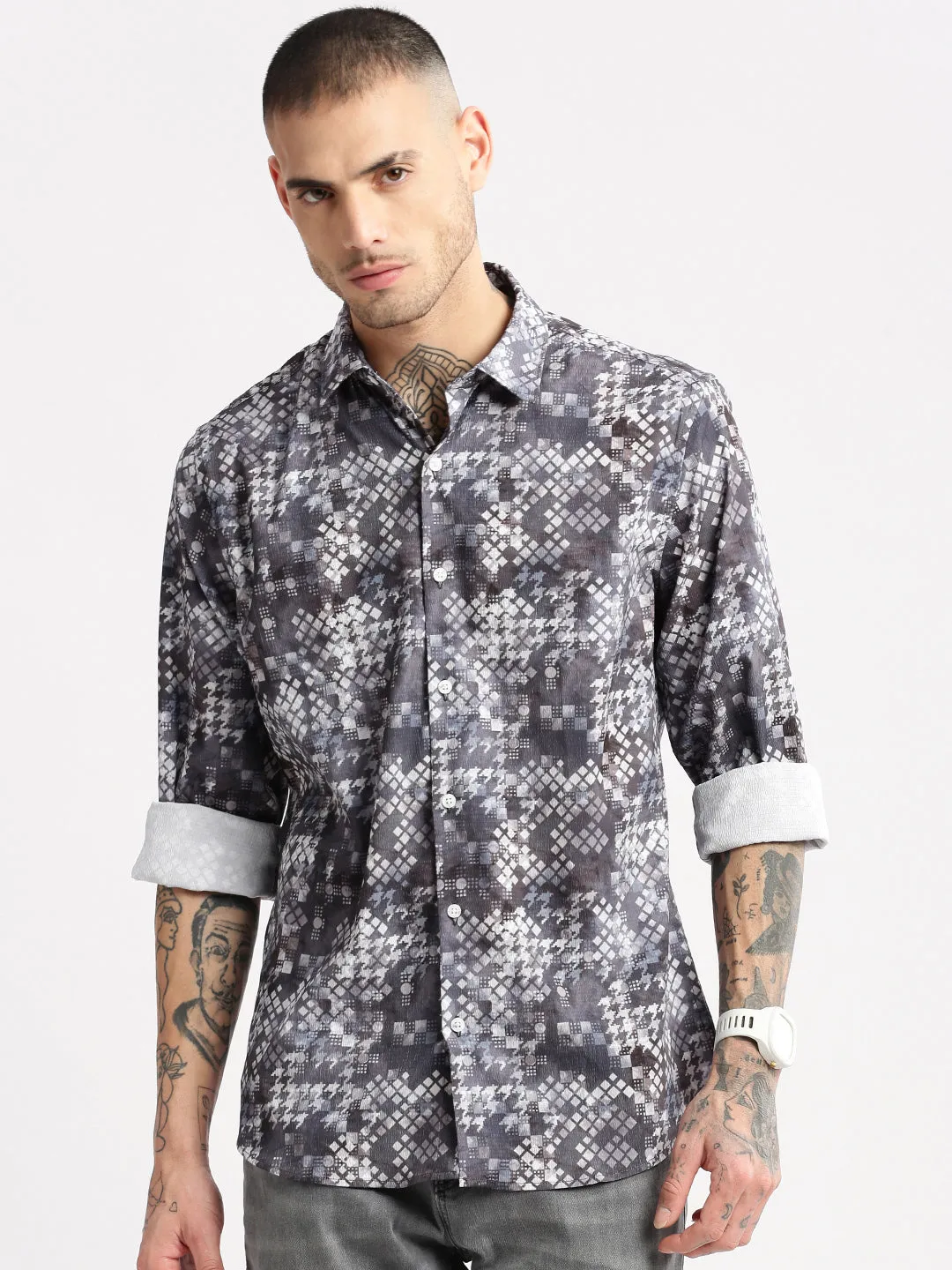 Men Grey Standard Slim Fit Abstract Printed Spread Collar Cotton Casual Shirt