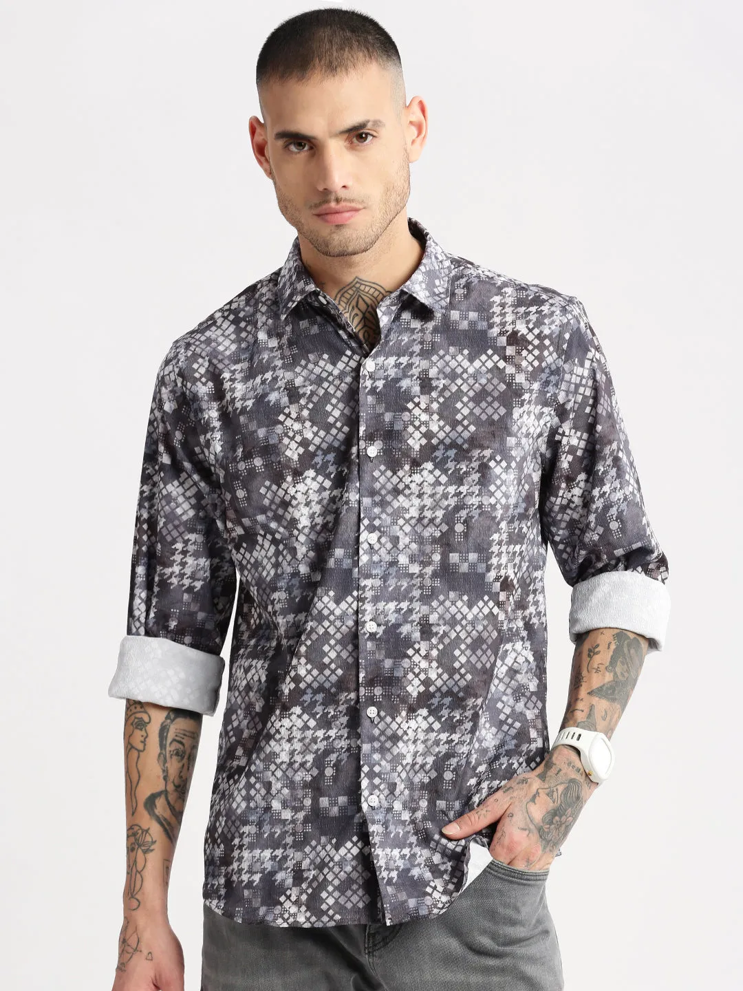 Men Grey Standard Slim Fit Abstract Printed Spread Collar Cotton Casual Shirt