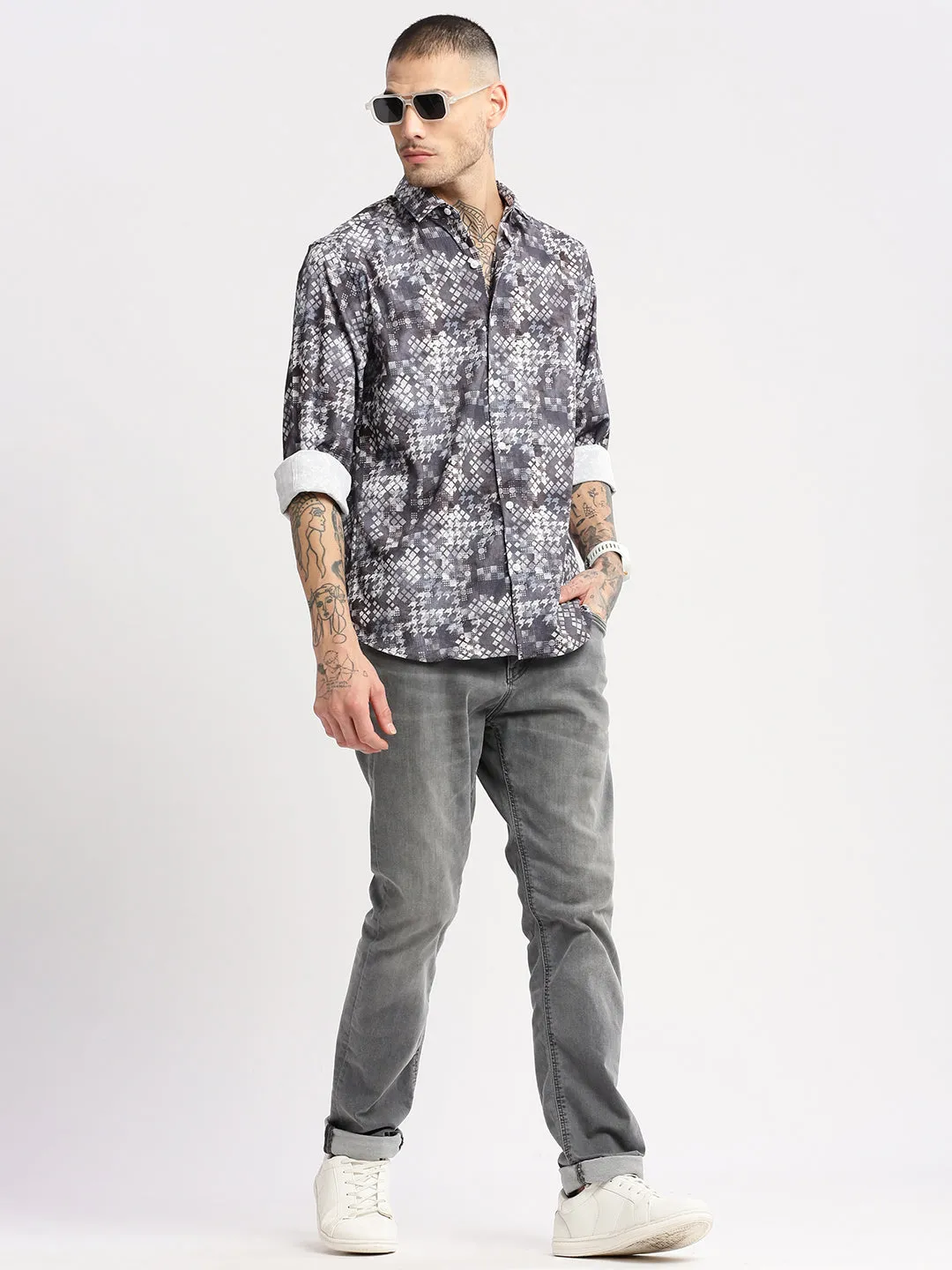 Men Grey Standard Slim Fit Abstract Printed Spread Collar Cotton Casual Shirt